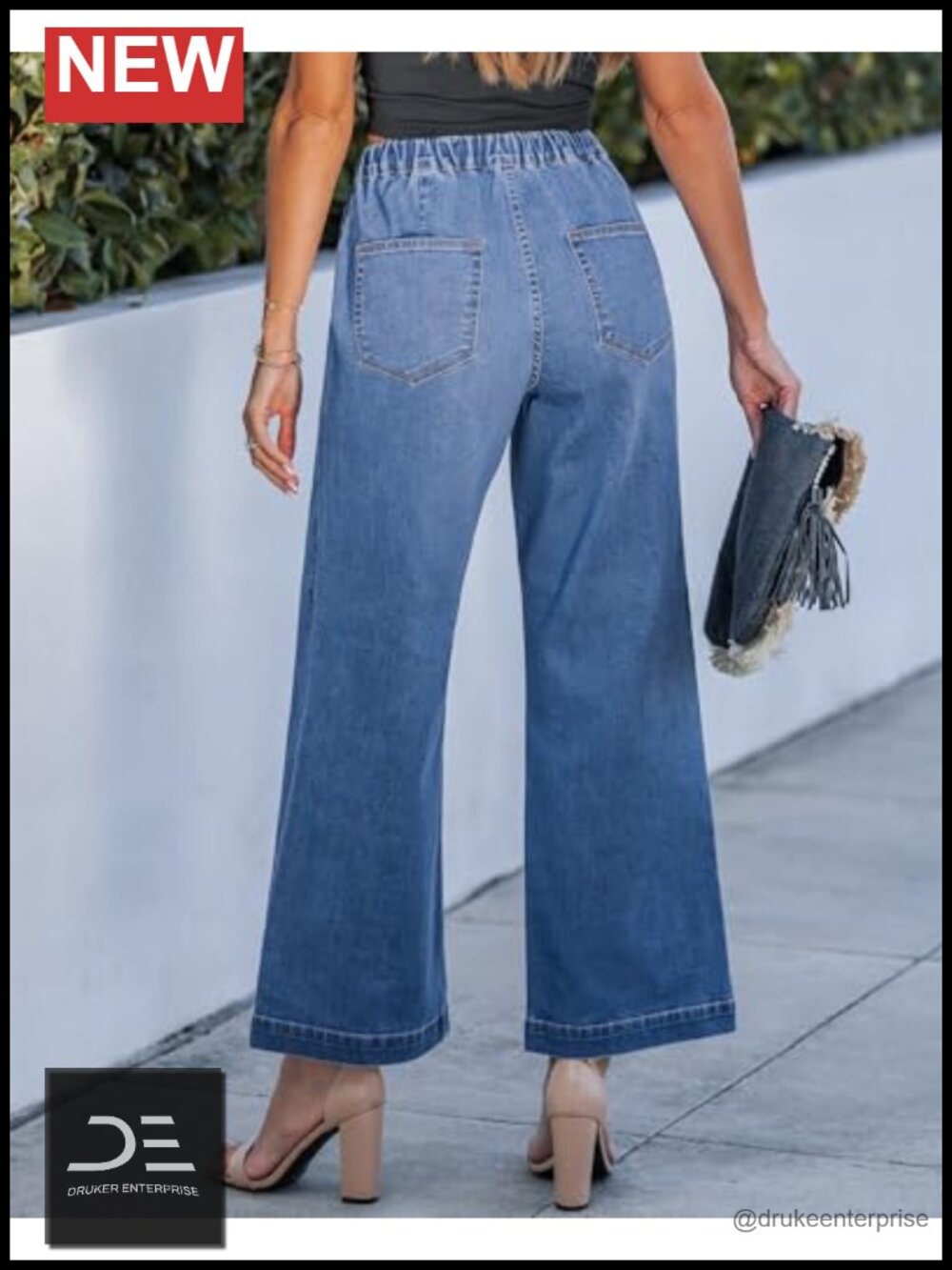 High Rise Wide Leg Jeans with Drawstring Waist Elastic Stretchy Denim Pants - Picture 2 of 6